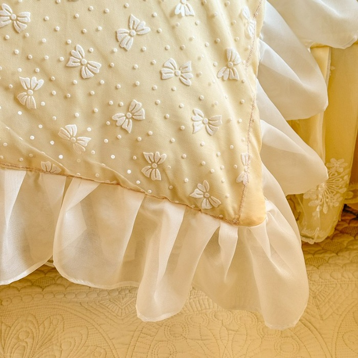 91家纺网 家纺一手货源 找家纺 苏米娜家纺2026春夏新品韩版甜美公主风超柔水洗棉床盖四件套刺绣针织棉双层纱纯棉棉麻全棉少女心夹棉床裙款夏被款床盖四件套 幻蝶-嫩黄 