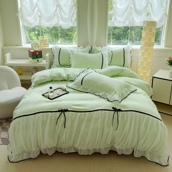 91家纺网 家纺一手货源 找家纺 （总）（总）漫布云2025春夏韩版公主风小香风公主风水洗棉工艺款四件套法式蕾丝花边床裙款四件套