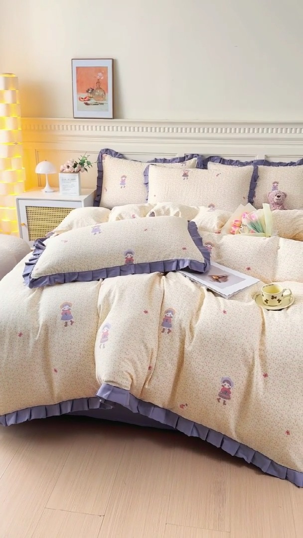 91家纺网 家纺一手货源 找家纺 （总）【苏东来】2025韩版木耳花边纯棉全棉双层纱四件套全棉纯棉小碎花印花四件套法式赫本公主风皱皱纱蕾丝花边四件套针织棉四件套件