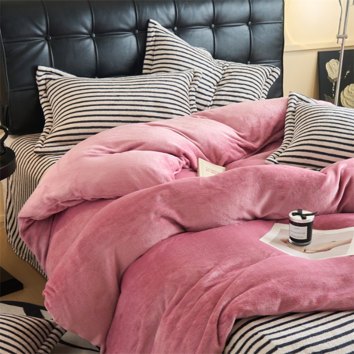 91家纺网 家纺一手货源 找家纺 （总）兰紫橙2025新款条纹牛奶绒四件套