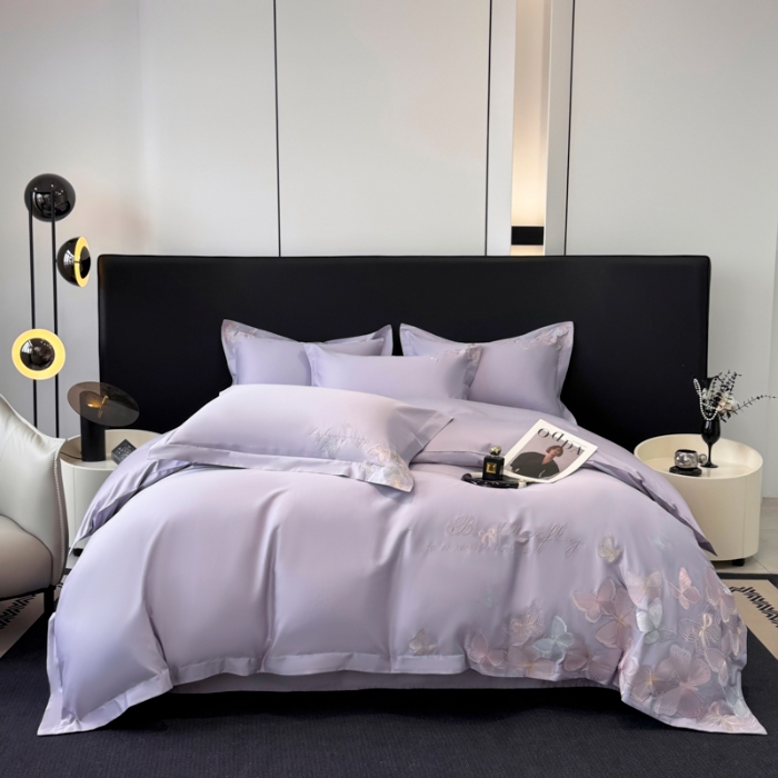 91家纺网 家纺一手货源 找家纺 （总）2025新款刺绣亲肤棉简约四件套 蝶舞的恋歌 