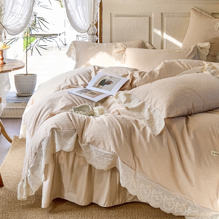 91家纺网 家纺一手货源 找家纺 （总）乐朵家居 2025新款全棉浮雕提花床裙四件套-罗浮玫瑰