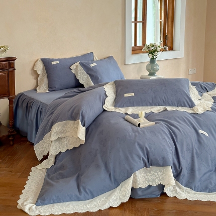 91家纺网 家纺一手货源 找家纺 乐朵家居 梦蝶 全棉提花 床裙四件套 蓝