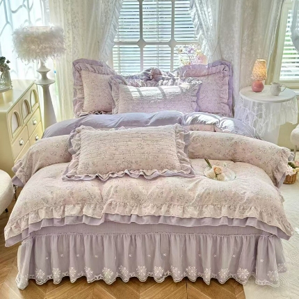 91家纺网 家纺一手货源 找家纺 苏米娜家纺2026春夏新款活性印花ins风小碎花软糯皱皱棉床盖款四件套全棉纯棉花边款被套 奶酪芝士 