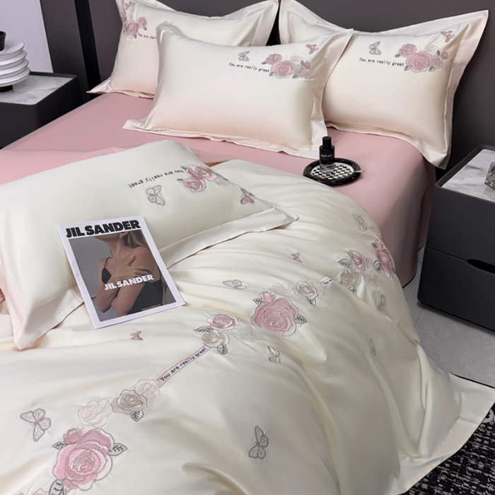 91家纺网 家纺一手货源 找家纺 （总）2025新款刺绣亲肤棉简约高端四件套 玫瑰之恋