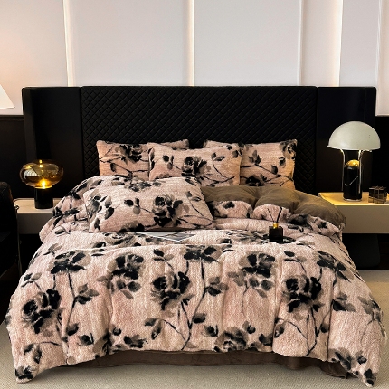 91家纺网 家纺一手货源 找家纺 （总）2025新品美拉德风格兔毛四件套牛奶绒加厚保暖套件