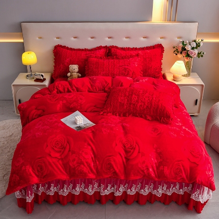 91家纺网 家纺一手货源 找家纺 （总）三友家纺 直播爆款牛奶绒印花蕾丝花边床盖床裙单件三件套四件套