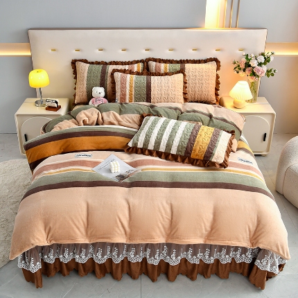 91家纺网 家纺一手货源 找家纺 （总）三友家纺 直播爆款牛奶绒印花蕾丝花边床盖床裙单件三件套四件套