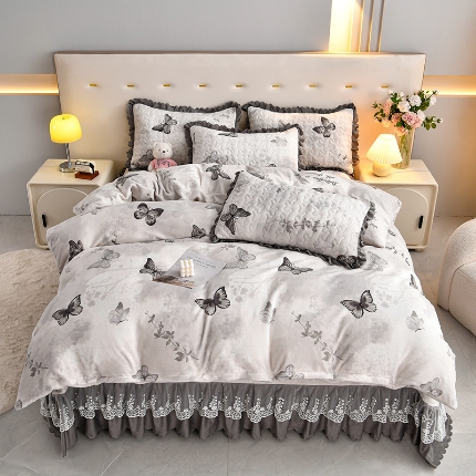 91家纺网 家纺一手货源 找家纺 （总）三友家纺 直播爆款牛奶绒印花蕾丝花边床盖床裙单件三件套四件套