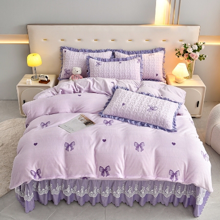 91家纺网 家纺一手货源 找家纺 （总）三友家纺 直播爆款牛奶绒印花蕾丝花边床盖床裙单件三件套四件套