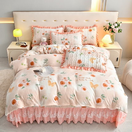 91家纺网 家纺一手货源 找家纺 （总）三友家纺 直播爆款牛奶绒印花蕾丝花边床盖床裙单件三件套四件套