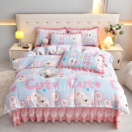 91家纺网 家纺一手货源 找家纺 （总）三友家纺 直播爆款牛奶绒印花蕾丝花边床盖床裙单件三件套四件套