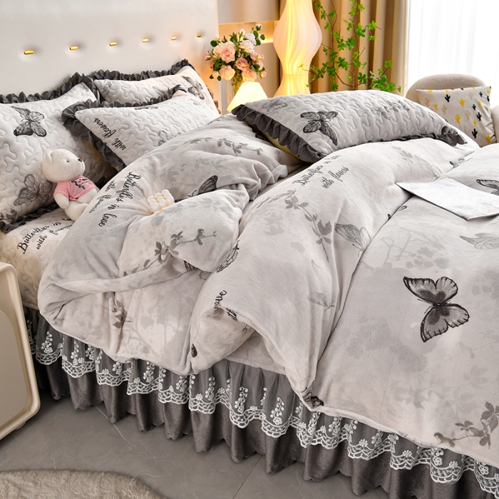 91家纺网 家纺一手货源 找家纺 （总）三友家纺 直播爆款牛奶绒印花蕾丝花边床盖床裙单件三件套四件套