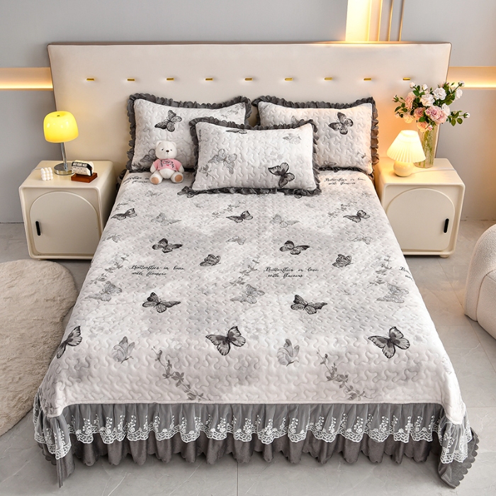 91家纺网 家纺一手货源 找家纺 （总）三友家纺 直播爆款牛奶绒印花蕾丝花边床盖床裙单件三件套四件套