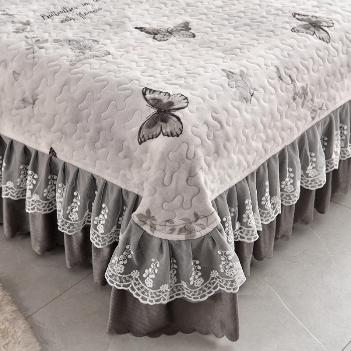 91家纺网 家纺一手货源 找家纺 （总）三友家纺 直播爆款牛奶绒印花蕾丝花边床盖床裙单件三件套四件套