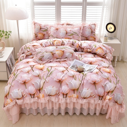 91家纺网 家纺一手货源 找家纺 （总）三友家纺 新款5D印花蕾丝花边床盖四件套（被套款 夏被款）