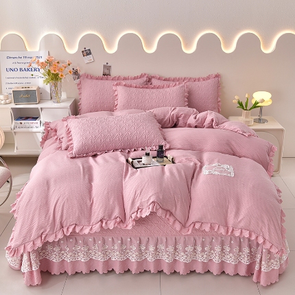91家纺网 家纺一手货源 找家纺 （总）三友家纺 纯色有氧提花水洗泡泡棉麻床盖四件套 爱恋（被套款 夏被款）