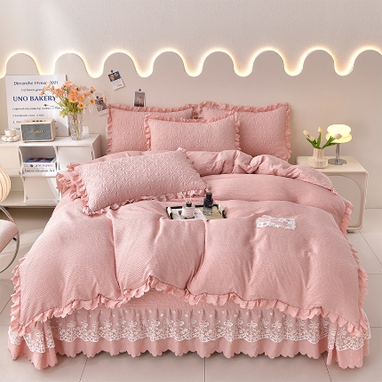 91家纺网 家纺一手货源 找家纺 （总）三友家纺 纯色有氧提花水洗泡泡棉麻床盖四件套 爱恋（被套款 夏被款）