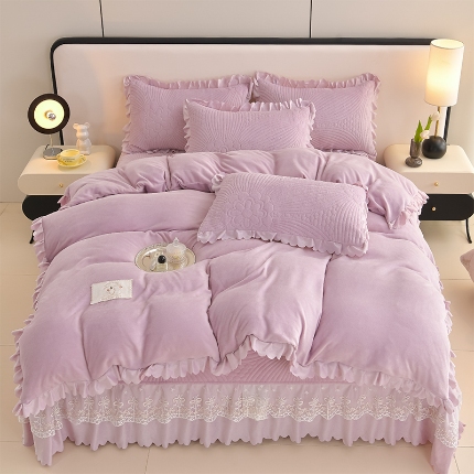 91家纺网 家纺一手货源 找家纺 （总）三友家纺 直播爆款纯色韩版牛奶绒蕾丝花边床盖床裙单件三件套四件套