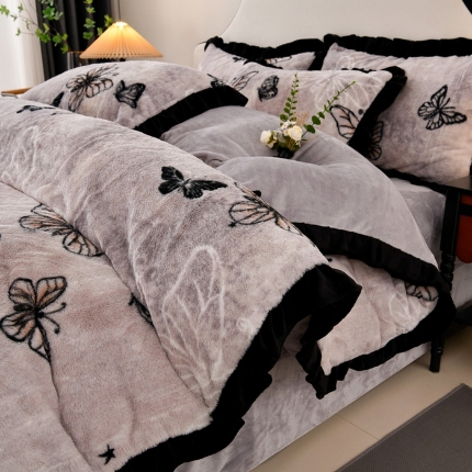 （总）梦之星  2025新款9斤重加厚皮草绒兔毛绒轻奢赫本风牛奶绒花边四件套