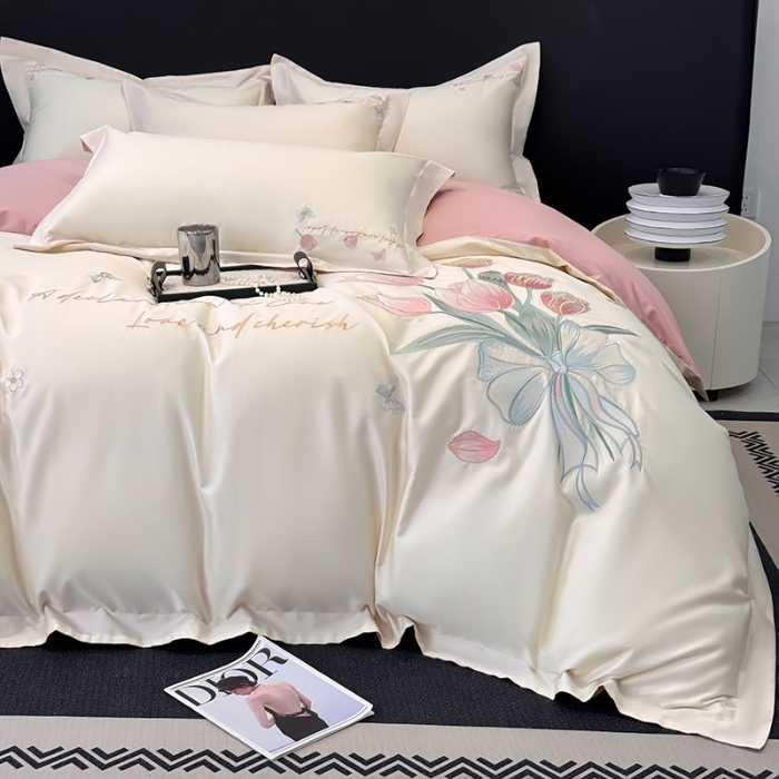 91家纺网 家纺一手货源 找家纺 （总）2025新款刺绣亲肤棉简约高端四件套 郁金花束