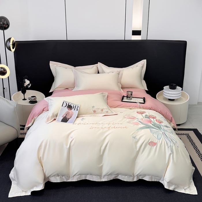 91家纺网 家纺一手货源 找家纺 （总）2025新款刺绣亲肤棉简约高端四件套 郁金花束