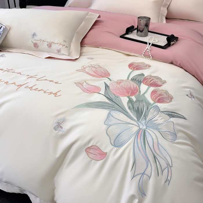 91家纺网 家纺一手货源 找家纺 （总）2025新款刺绣亲肤棉简约高端四件套 郁金花束