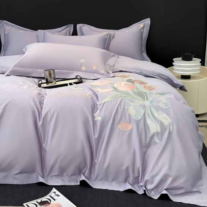 91家纺网 家纺一手货源 找家纺 （总）2025新款刺绣亲肤棉简约高端四件套 郁金花束