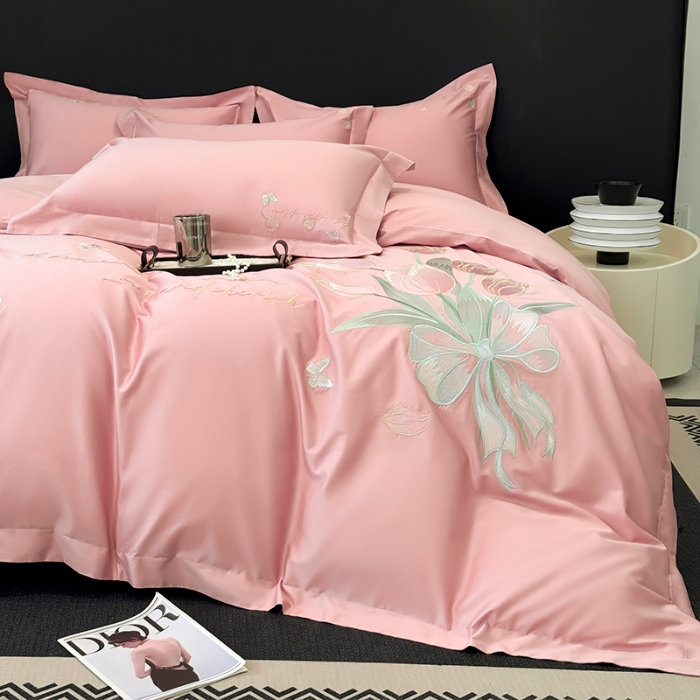 91家纺网 家纺一手货源 找家纺 （总）2025新款刺绣亲肤棉简约高端四件套 郁金花束