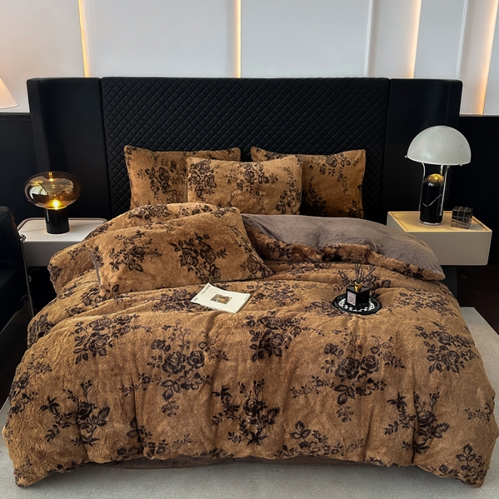 91家纺网 家纺一手货源 找家纺 （总）2025新款直播兔毛绒印花四件套加厚保暖美拉德风格套件