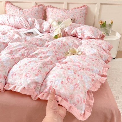 91家纺网 家纺一手货源 找家纺 （总）【苏东来】2025韩版木耳花边纯棉全棉双层纱四件套全棉纯棉小碎花印花四件套法式赫本公主风皱皱纱蕾丝花边四件套针织棉四件套件