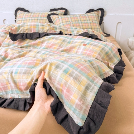 91家纺网 家纺一手货源 找家纺 （总）【苏东来】2025韩版木耳花边纯棉全棉双层纱四件套全棉纯棉小碎花印花四件套法式赫本公主风皱皱纱蕾丝花边四件套针织棉四件套件