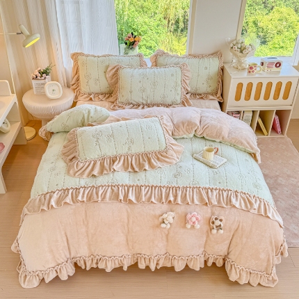 91家纺网 家纺一手货源 找家纺 （总）苏东来家纺2025兔毛绒韩版工艺款花边牛奶绒四件套刺绣绣花套件