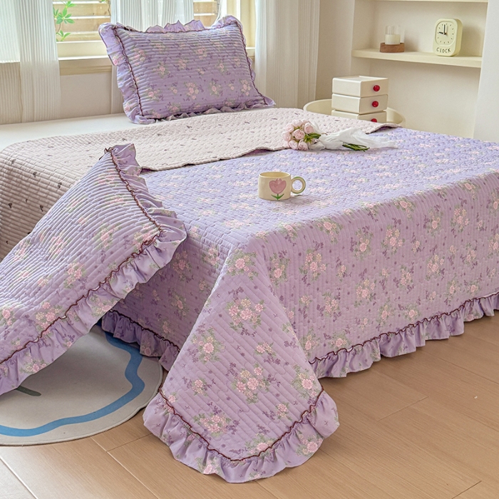 91家纺网 家纺一手货源 找家纺 （总）2025新款法式花边床盖三件套水洗棉夹棉韩版荷叶花边小碎花床盖