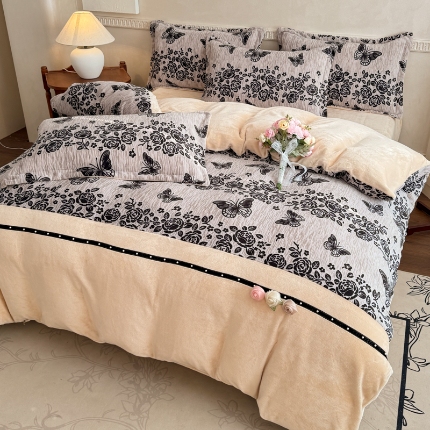 2025苏东来家纺工艺款雕花绒牛奶绒四件套立体花刺绣绣花套件 蝶恋花