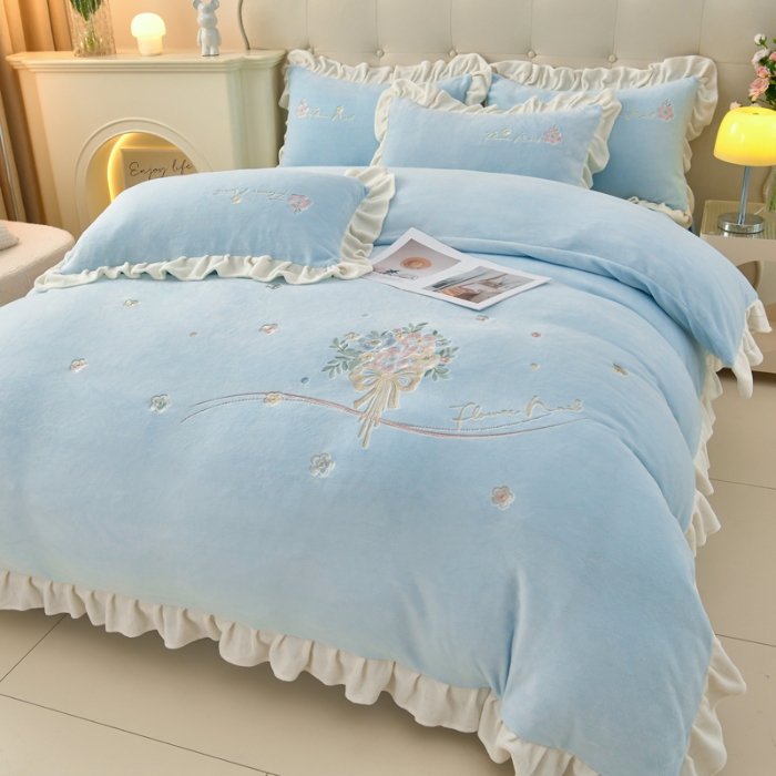 91家纺网 家纺一手货源 找家纺 （总）梦之星 2025新款230g高克重刺绣花边牛奶绒四件套