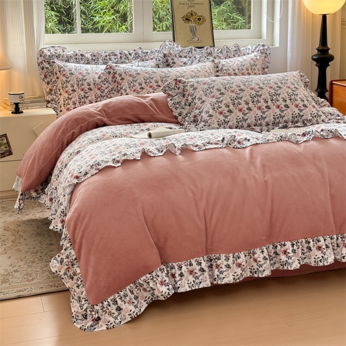 91家纺网 家纺一手货源 找家纺 （总）兰紫橙家纺 2025新款印花花边款牛奶绒宝宝绒四件套