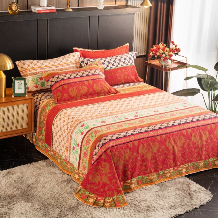 91家纺网 家纺一手货源 找家纺 （总）宝莱利家纺 2025加厚磨毛民族复古风圆角床单