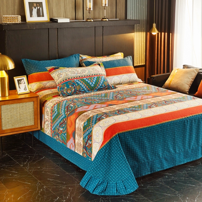 91家纺网 家纺一手货源 找家纺 （总）宝莱利家纺 2025加厚磨毛民族复古风圆角床单