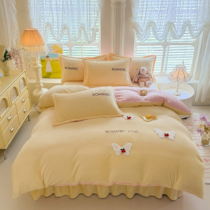 苏米娜家纺SUMINA 2025新款简约ins风A类全消光230g牛奶绒公主绒四件套床裙款被套系列  蝶影—嫩黄 