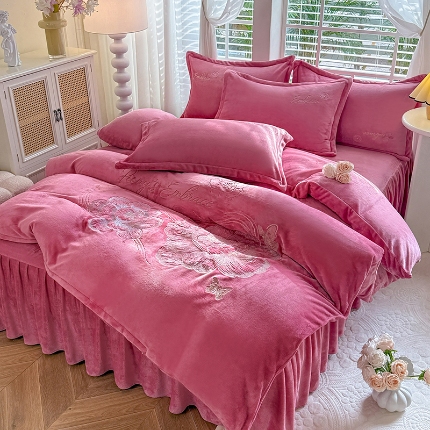 漫布云2025秋冬新款全消光大版花卉平绣牛奶绒刺绣款四件套--绽放系列 绽放-豆沙红