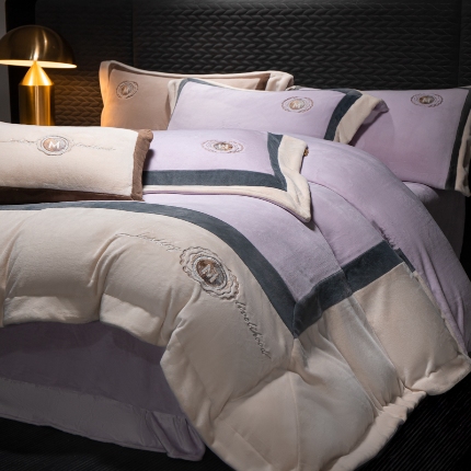 91家纺网 家纺一手货源 找家纺 （总）牛奶绒宝宝水晶绒法莱冰岛绒简约轻奢拼接刺绣保暖冬季保温四件套菲利特-可可棕