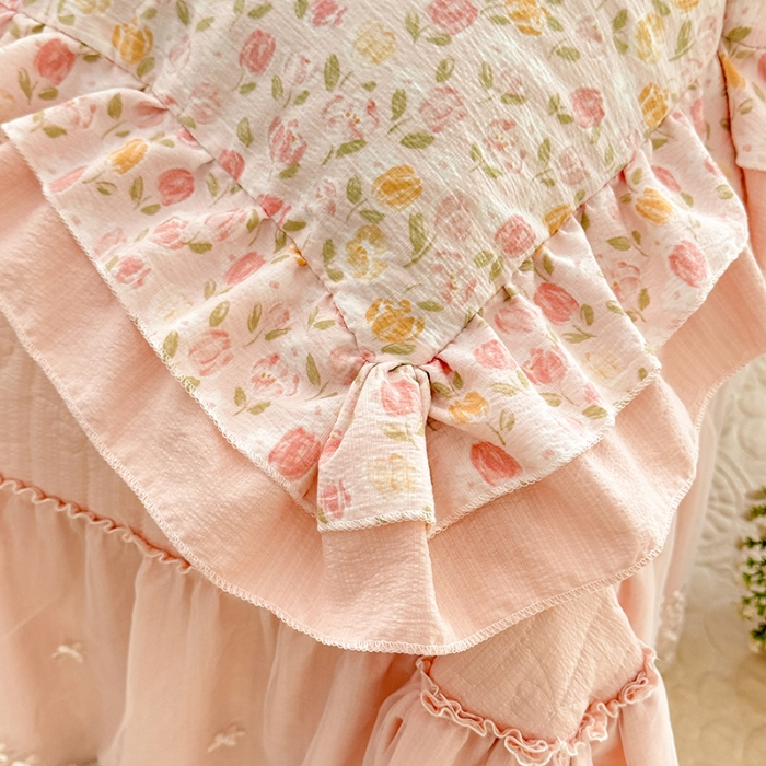 91家纺网 家纺一手货源 找家纺 苏米娜家纺2026春夏新款活性印花ins风小碎花软糯皱皱棉床盖款四件套全棉纯棉花边款被套 莫奈-粉 