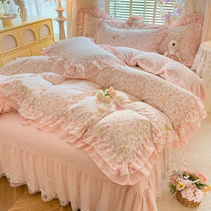 苏米娜家纺2026春夏新款活性印花ins风小碎花软糯皱皱棉床盖款四件套全棉纯棉花边款被套 莫奈-粉