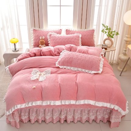 91家纺网 家纺一手货源 找家纺 （总）三友家纺 直播爆款手工双层蝴蝶结牛奶绒蕾丝花边床盖三/四件套