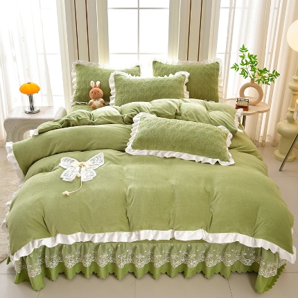 91家纺网 家纺一手货源 找家纺 （总）三友家纺 直播爆款手工双层蝴蝶结牛奶绒蕾丝花边床盖三/四件套