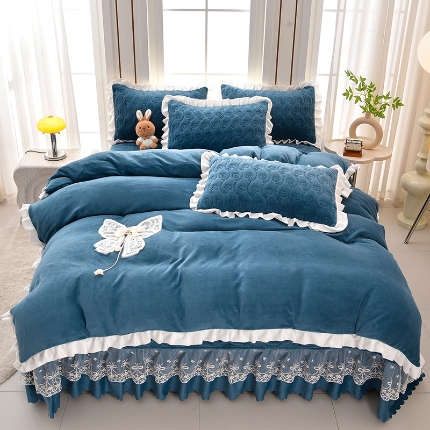 91家纺网 家纺一手货源 找家纺 （总）三友家纺 直播爆款手工双层蝴蝶结牛奶绒蕾丝花边床盖三/四件套