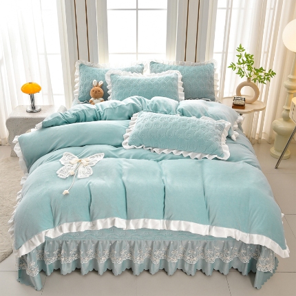 91家纺网 家纺一手货源 找家纺 （总）三友家纺 直播爆款手工双层蝴蝶结牛奶绒蕾丝花边床盖三/四件套