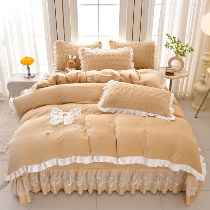 91家纺网 家纺一手货源 找家纺 （总）三友家纺 直播爆款手工双层蝴蝶结牛奶绒蕾丝花边床盖三/四件套