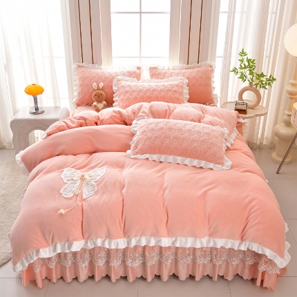 91家纺网 家纺一手货源 找家纺 （总）三友家纺 直播爆款手工双层蝴蝶结牛奶绒蕾丝花边床盖三/四件套